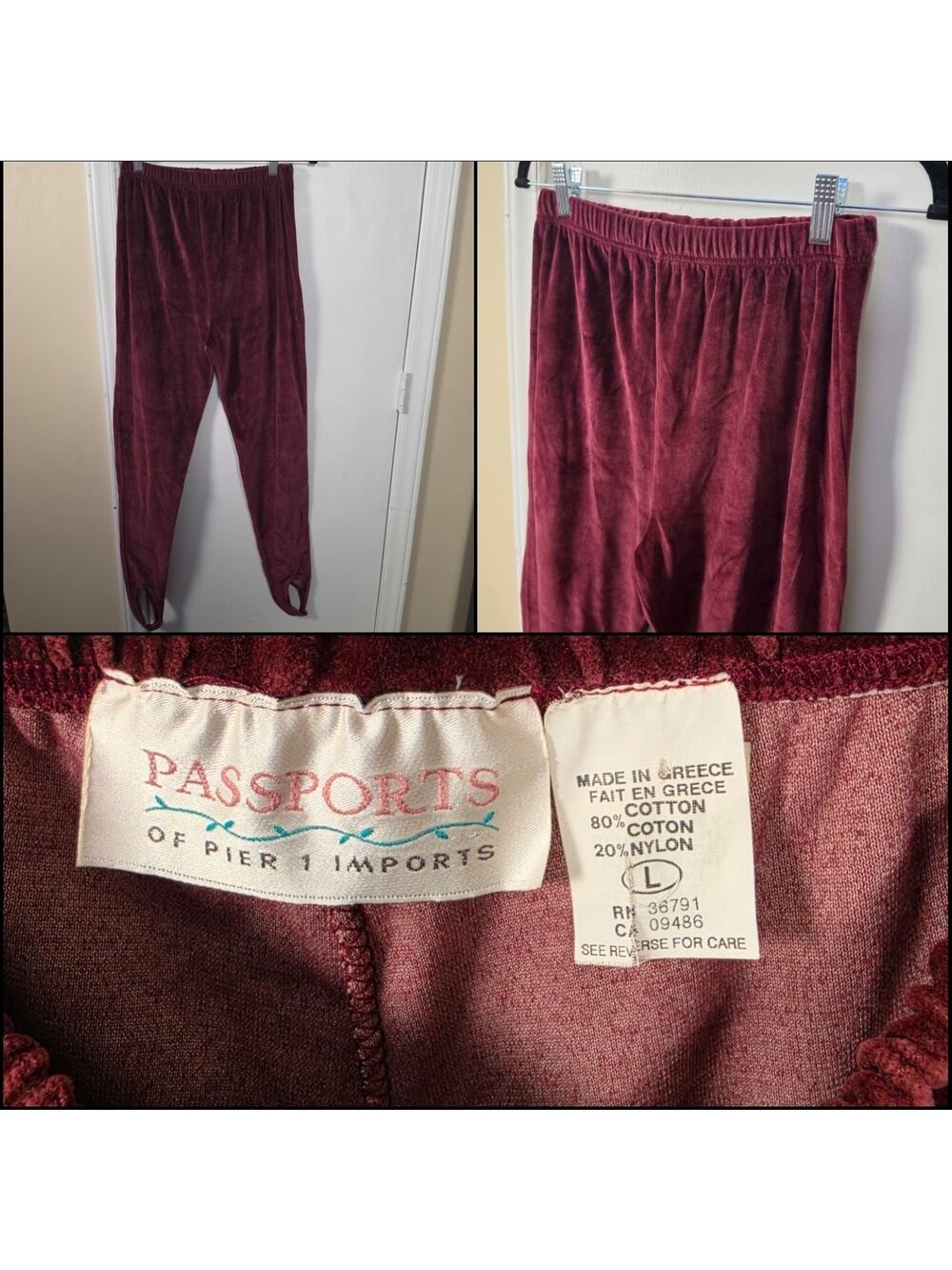Vintage Passports Women's Cotton Velour Stirrup Pants Size L High Waist Retro